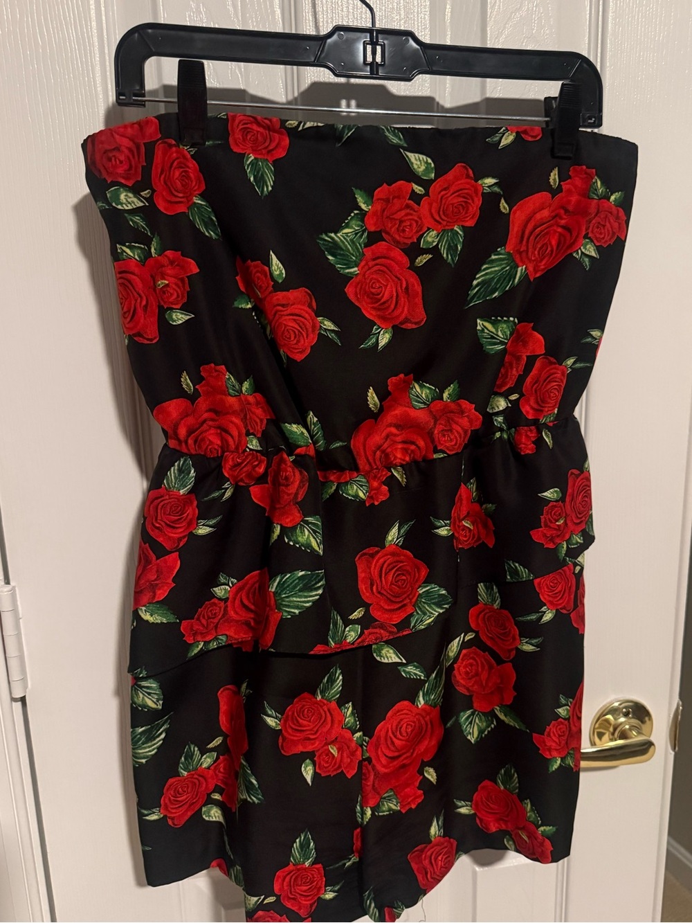 Alice + Olivia Black Romper with Red Rose and Green Leaf Print